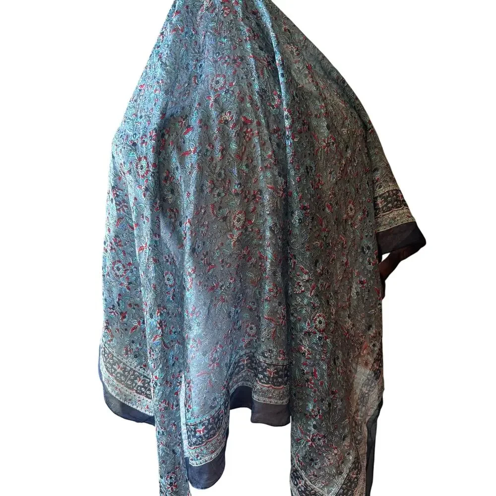 Vintage 100% Pure Silk Scarf Large Square 41x39 Paisley Floral Teal Blue Red